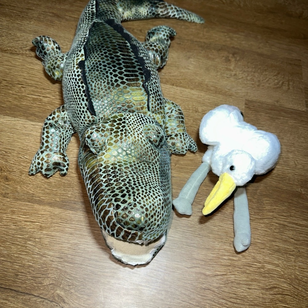 Alligator and Egret Bird Plush Stuffed Animal Toy Set Green Scaly‎ Swamp Duo
